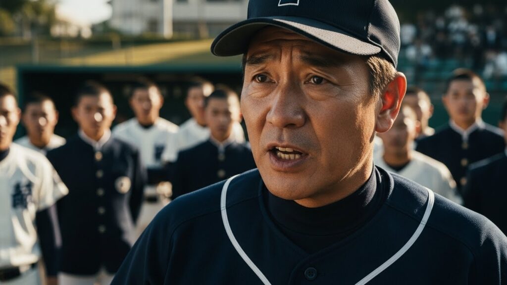 高校球児たちに真剣な表情で語りかける指導者の姿(生成AIによるイメージ)