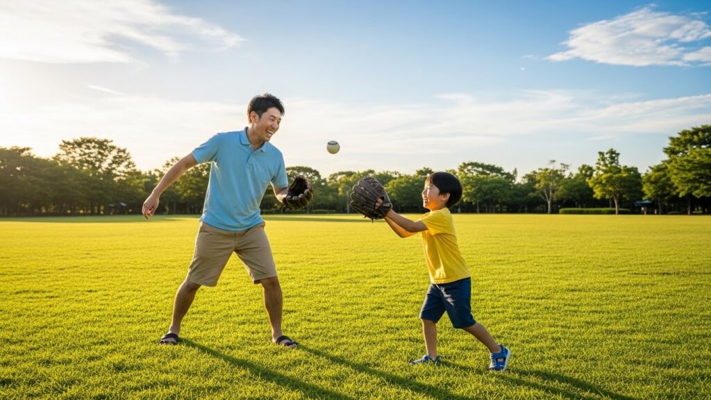 公園で笑顔でキャッチボールを楽しむ親子