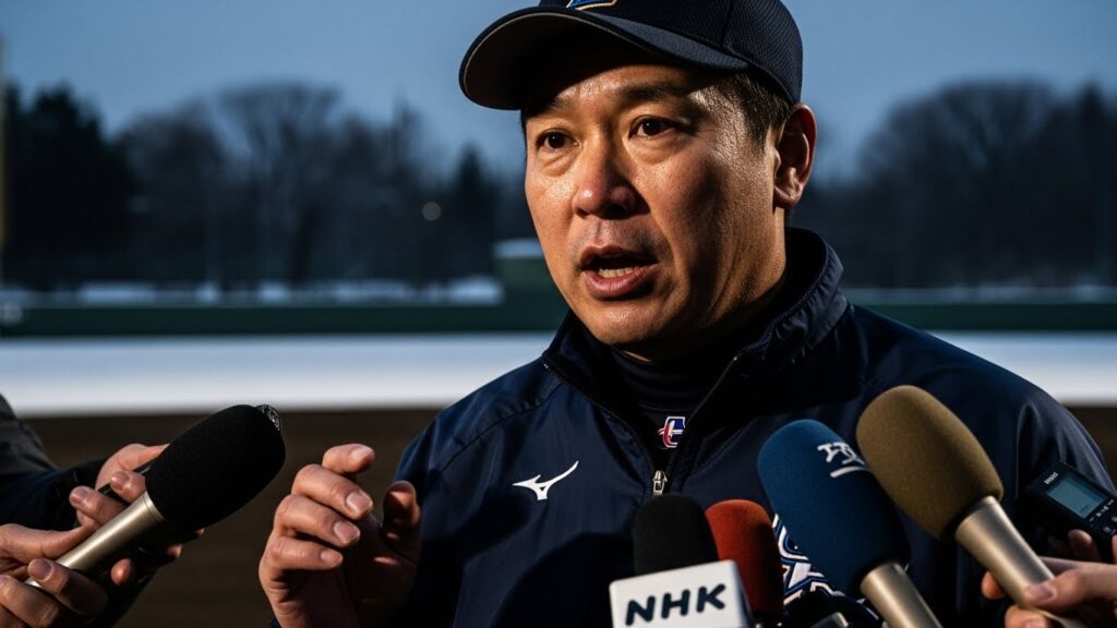 取材陣に対し、熱意を持って語る高校野球の監督(生成AIによるイメージ)