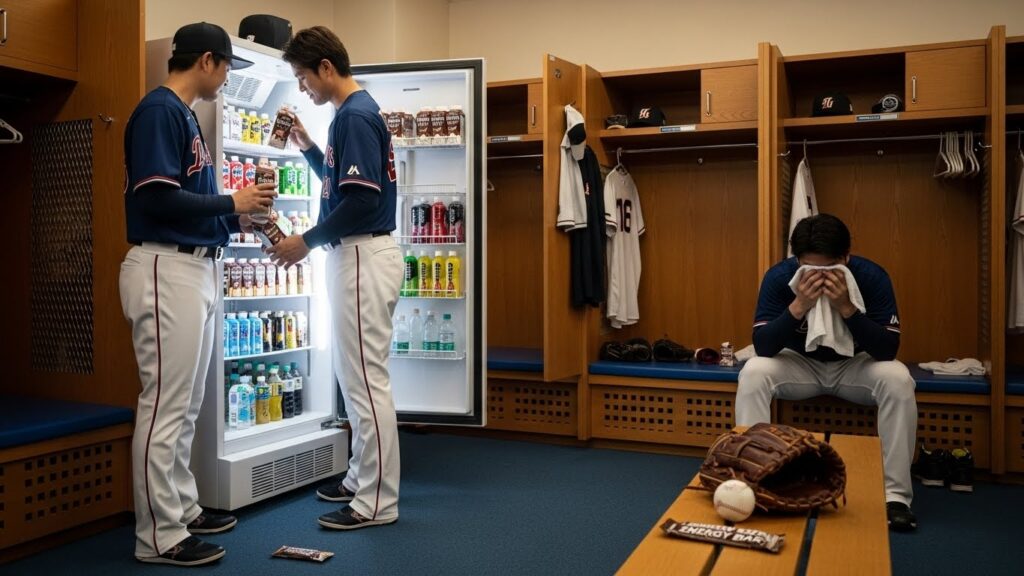 メジャーリーグのロッカールームにある冷蔵庫とチョコレートミルクのイメージ(生成AIによるイメージ)