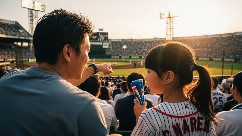 野球場で一緒に応援する父親と幼い娘の後ろ姿(生成AIによるイメージ)