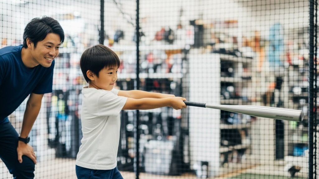 スポーツ店の試打室で鋭いスイングをする少年と満足そうに見守る父親(生成AIによるイメージ)