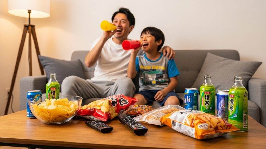 お菓子や応援グッズを用意してリビングでテレビ観戦を楽しむ親子(生成AIによるイメージ)