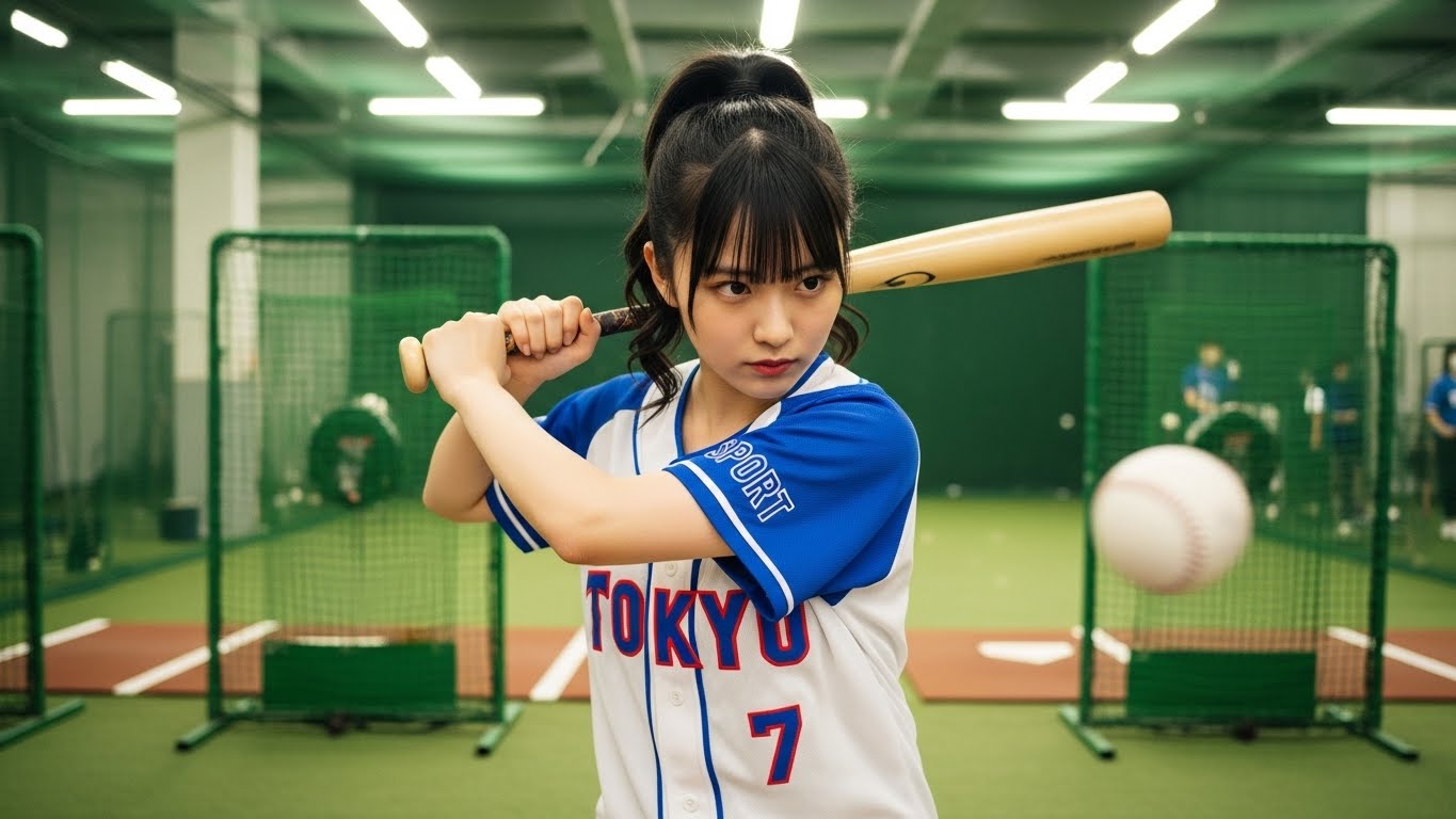 バッティングセンターで真剣な眼差しでバントの構えをするジャージ姿の女性(生成AIによるイメージ)