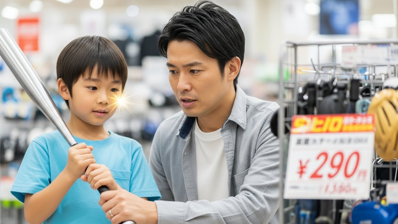 スポーツ用品店で新しい金属バットを嬉しそうに持つ少年と、それを見守る父親(生成AIによるイメージ)