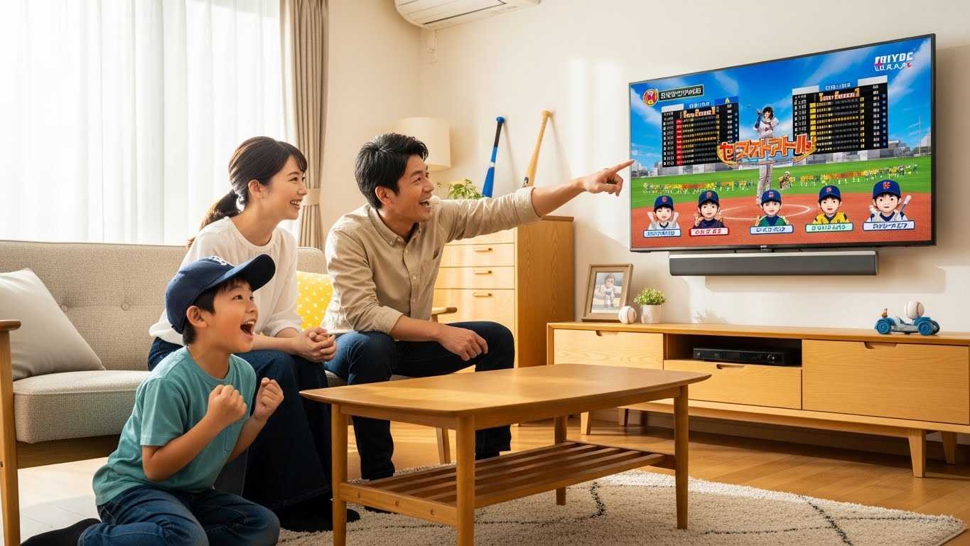 リビングで『超プロ野球ULTRA』を楽しみながら観戦する少年野球家族の様子(生成AIによるイメージ)