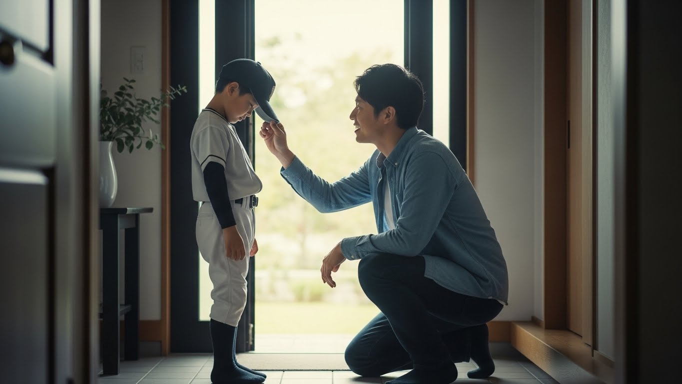 玄関で野球に行きたがらない息子を優しく励ます父親(生成AIによるイメージ)
