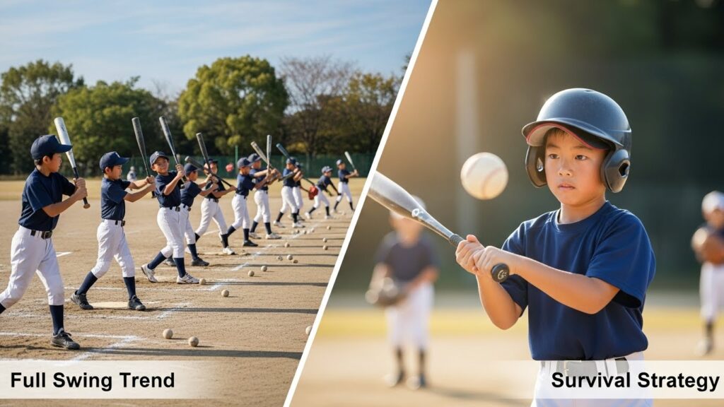 代替テキスト フルスイングで空振りする集団とバントを決める賢い選手の対比(生成AIによるイメージ)