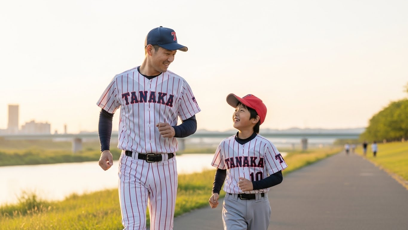 夕暮れの河川敷を笑顔で並走する親子と少年野球のユニフォーム(生成AIによるイメージ)