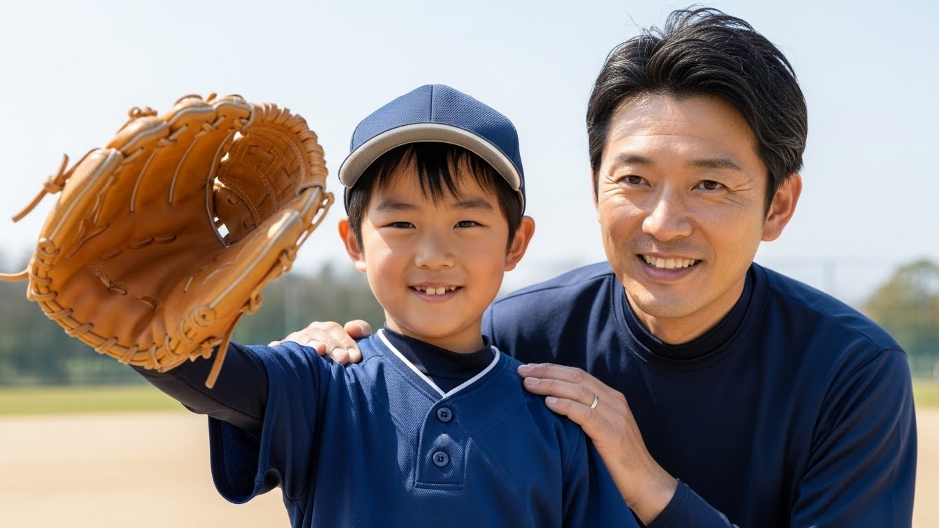 自信満々にグローブを見せる少年野球選手と笑顔の父親(生成AIによるイメージ)
