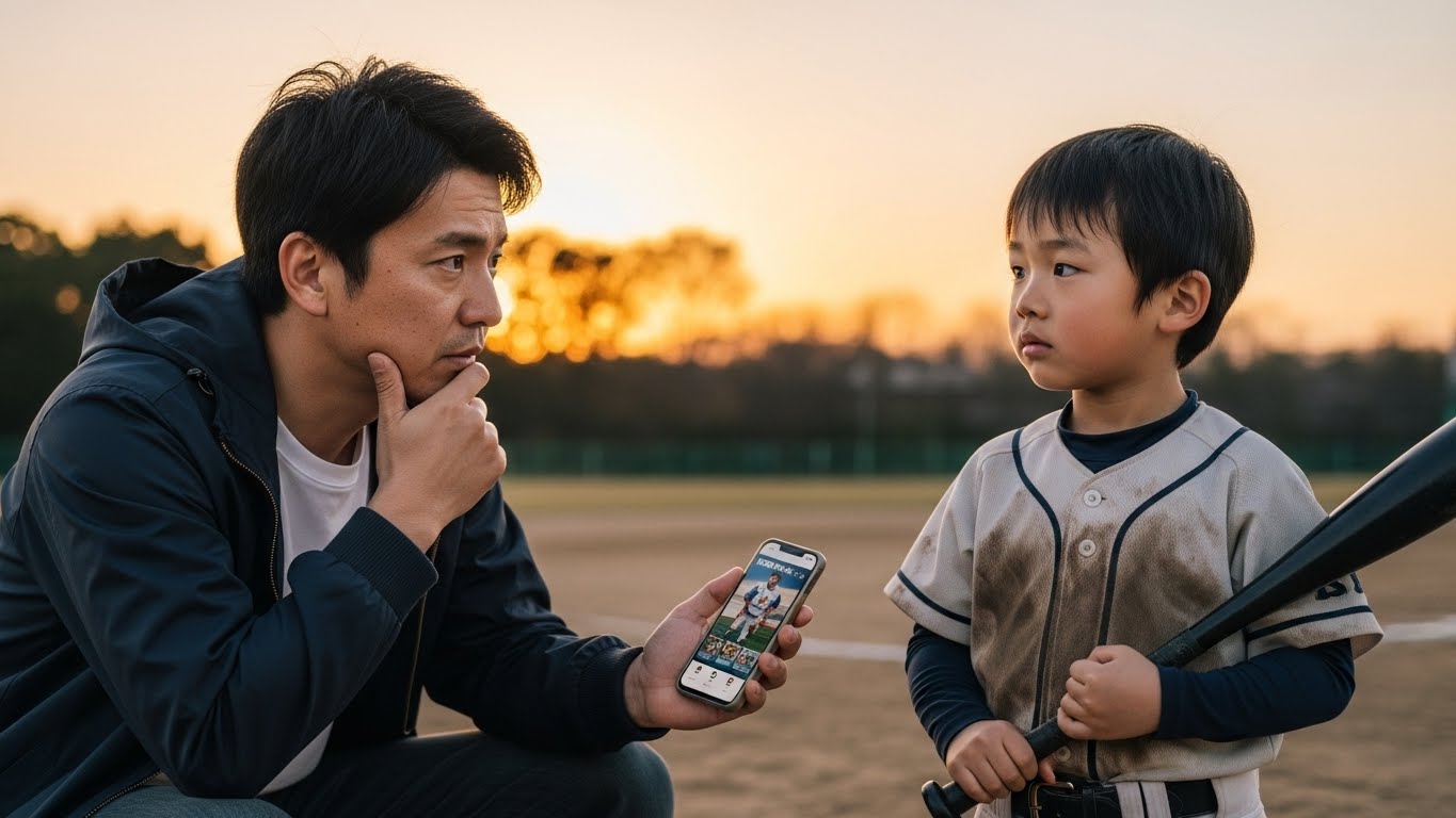 夕暮れのグラウンドでスマホを見る父親と、真っ直ぐな瞳でバットを持つ少年野球の息子(生成AIによるイメージ)