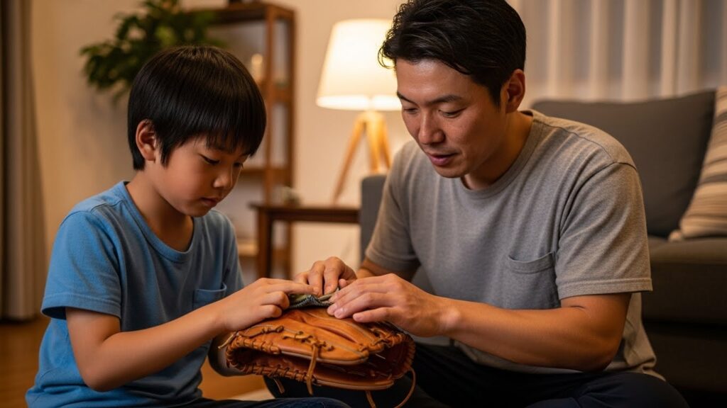リビングで一緒に野球のグローブを磨く父と子(生成AIによるイメージ)