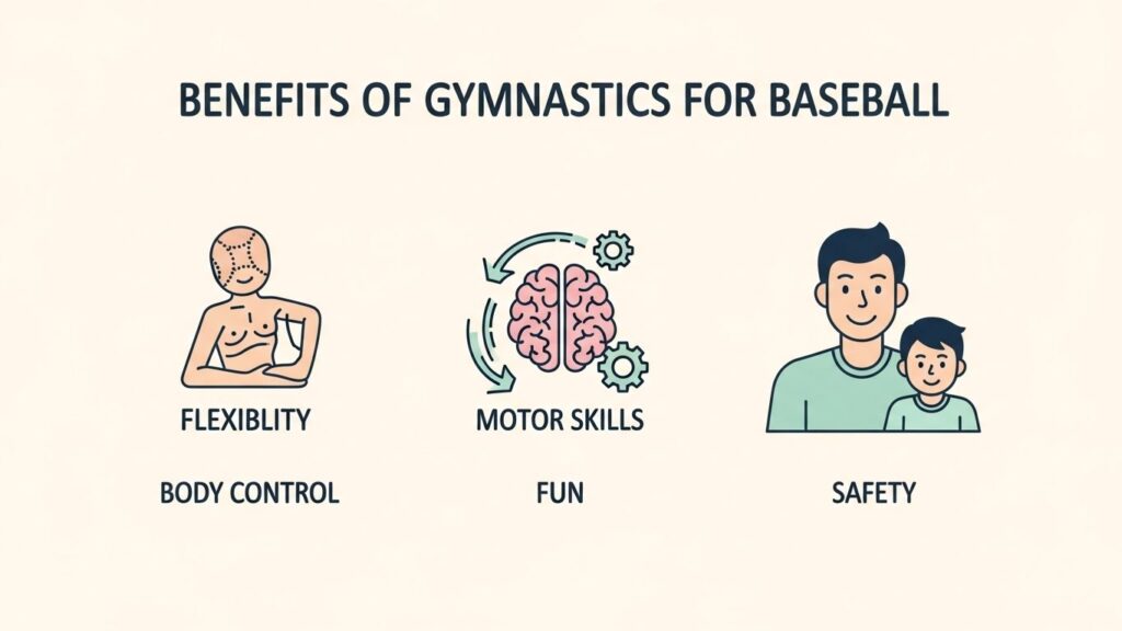 野球に体操を取り入れる3つのメリット（怪我予防、運動神経向上、親子の絆）を示した図解