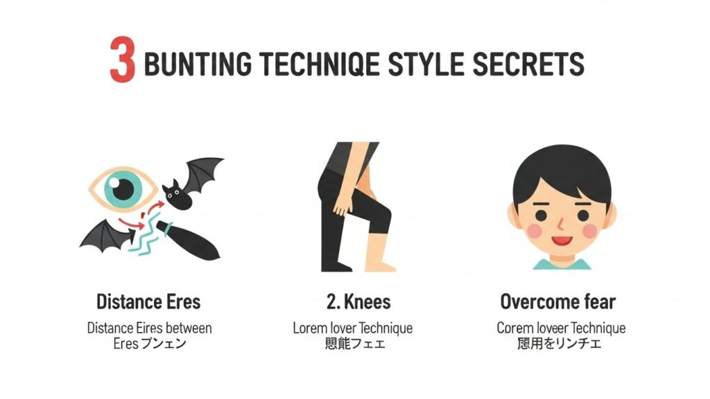 代替テキスト 川相流バントの極意「目線・膝・メンタル」の3ポイントまとめ(生成AIによるイメージ)