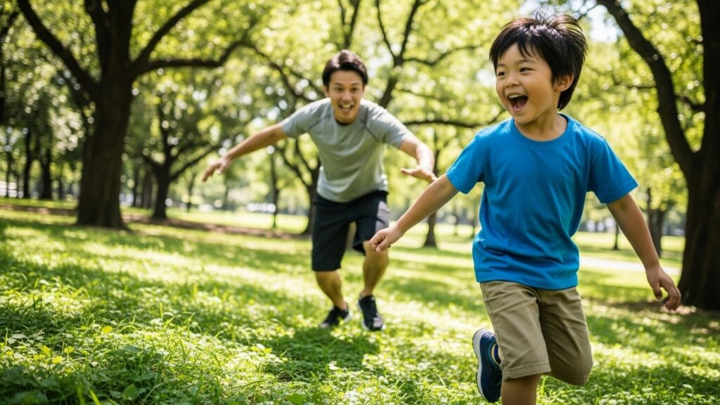 公園で鬼ごっこ(タグゲーム)をして遊ぶ親子(生成AIによるイメージ)