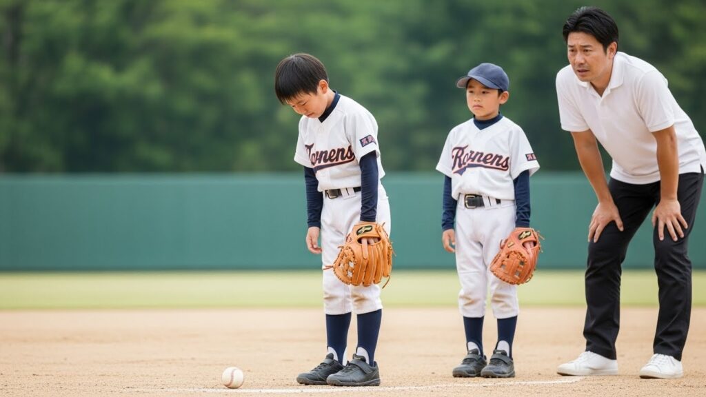 ボールを落としてしまい悔しがる少年と心配する父親(生成AIによるイメージ)