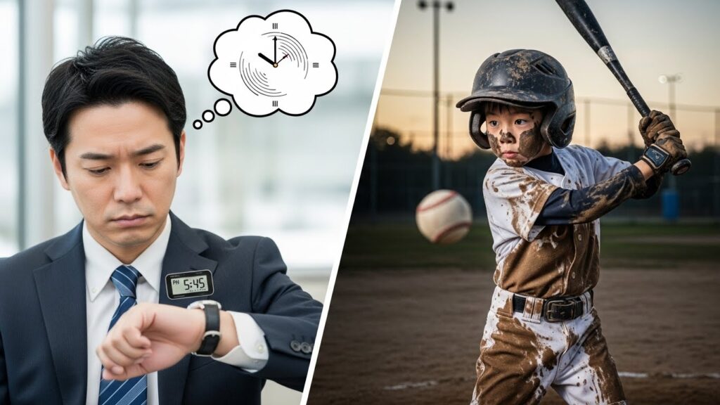 時間を気にする父親と、時間を忘れて泥だらけで野球に没頭する少年の対比(生成AIによるイメージ)