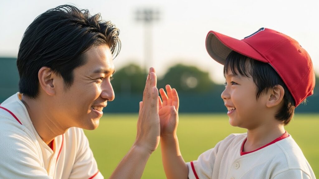 子供の目線に合わせてハイタッチをする父親