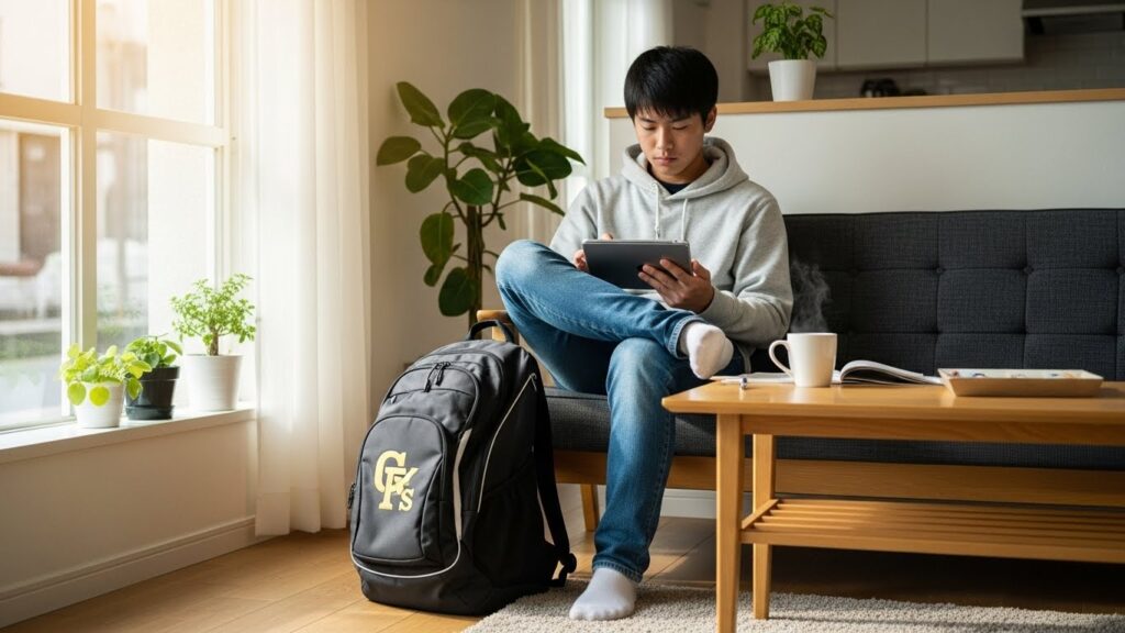 朝の明るいリビングでタブレット学習をし、午後からの野球練習に備える生徒