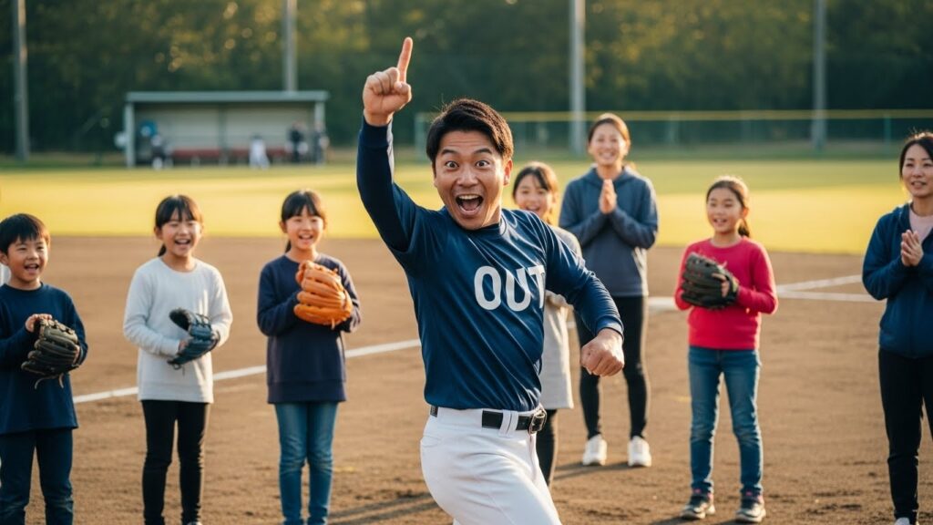 自信満々に大きなジェスチャーでアウトの判定を下す、演技力抜群のパパ審判