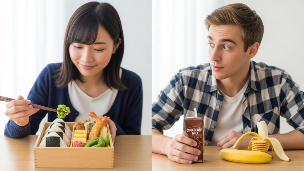 日本のおにぎり弁当とアメリカの簡易スナック補食の比較イメージ(生成AIによるイメージ)