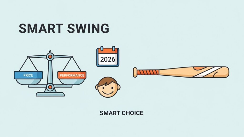 2026年バット選びのポイントをまとめたインフォグラフィック（価格と性能のバランス、軽量化、笑顔）(生成AIによるイメージ)