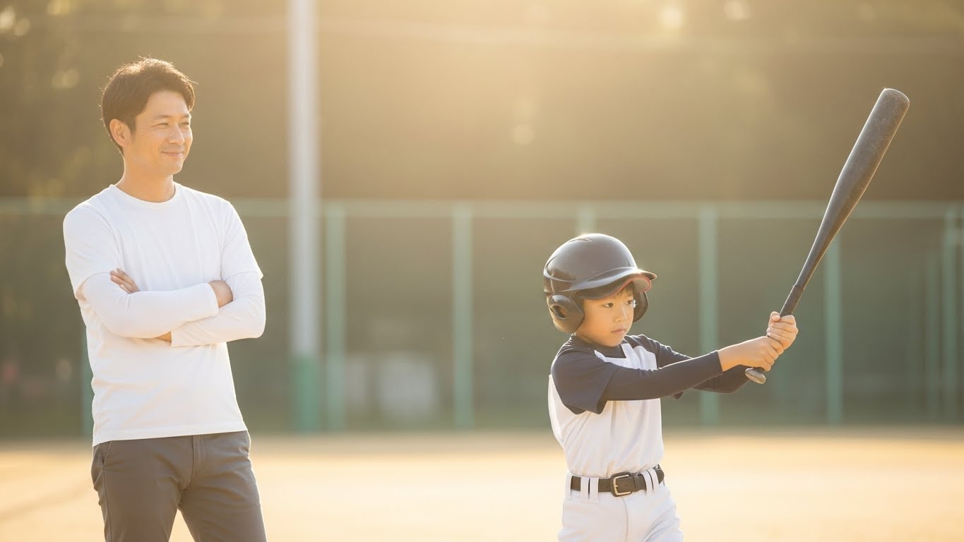 距離を置いて息子を見守る父親と、バットを振る少年(生成AIによるイメージ)