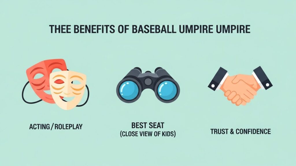 少年野球の審判をやるメリット（演技力、子供の特等席、信頼獲得）をまとめた図解