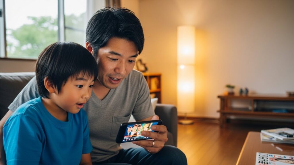 スマホで話題の動画を見て驚き楽しむ親子(生成AIによるイメージ)