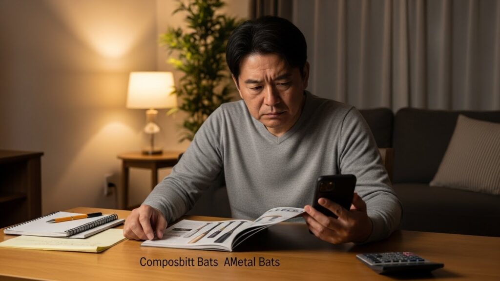 リビングで野球バットのカタログとスマホを見比べながら予算と性能に悩む父親(生成AIによるイメージ)