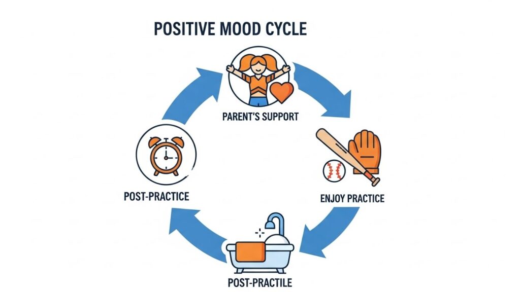 少年野球のやる気を高める「機嫌のポジティブサイクル」図解(生成AIによるイメージ)