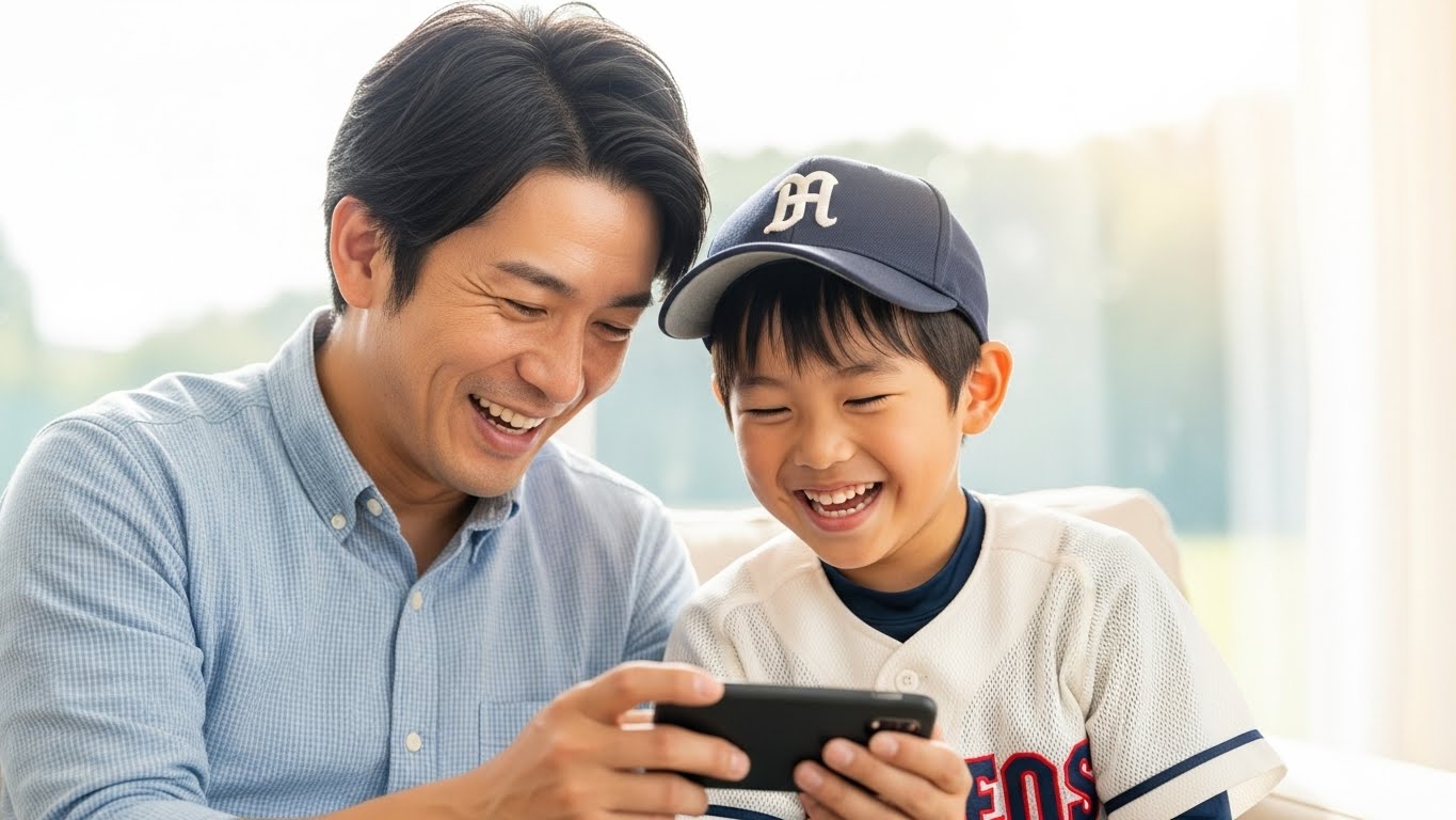 大谷選手の年賀状を見て笑い合う少年野球親子のイメージ