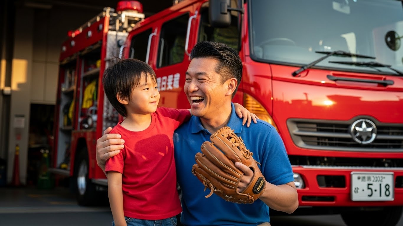 消防車をバックに笑顔を見せる親子