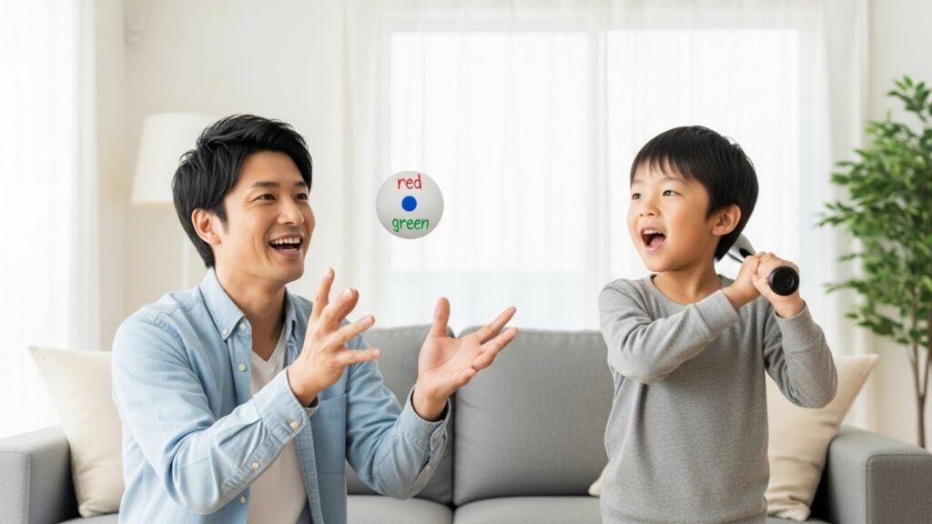 リビングでカラーボールを使った選球眼トレーニングをする親子 (生成AIによるイメージ)