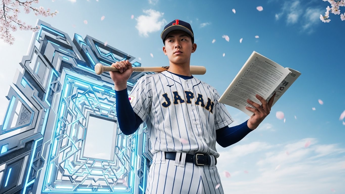 野球のバットと参考書を両手に持ち、未来を見つめる日本の高校球児