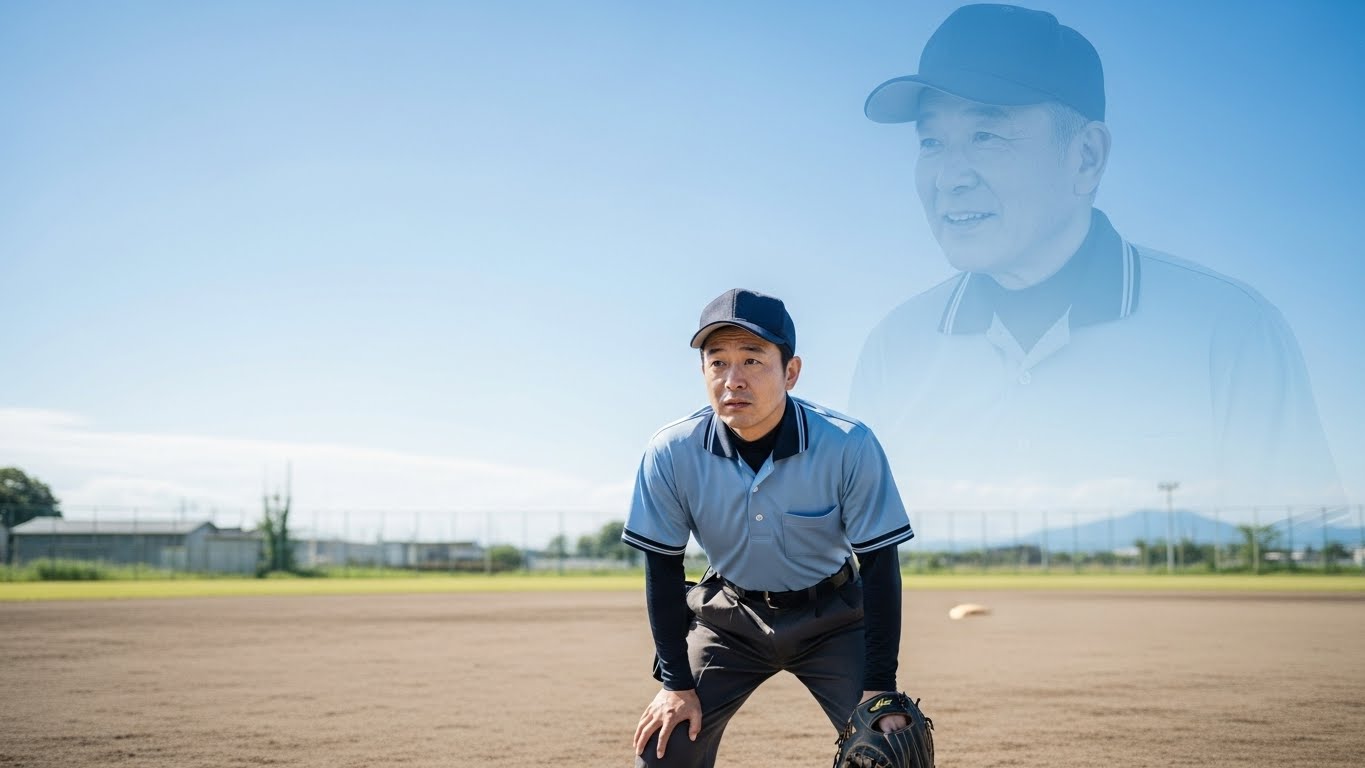 少年野球のグラウンドで緊張しながらも審判として立つ父親と、空から見守るプロ審判のイメージ