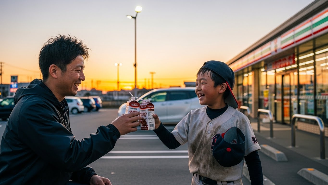 夕暮れのコンビニ駐車場でチョコレートミルクで乾杯する野球少年の親子(生成AIによるイメージ)