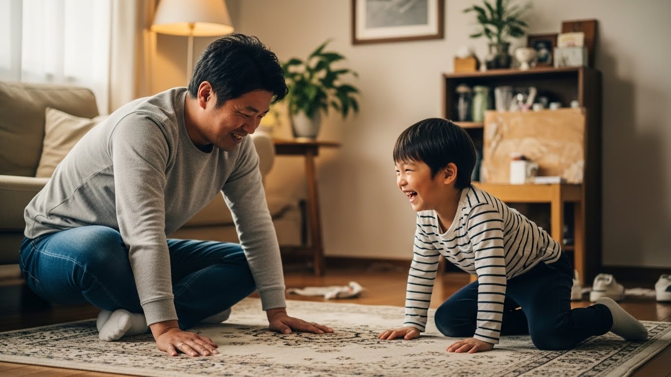 リビングで笑顔で体操をする日本の父親と小学生の息子