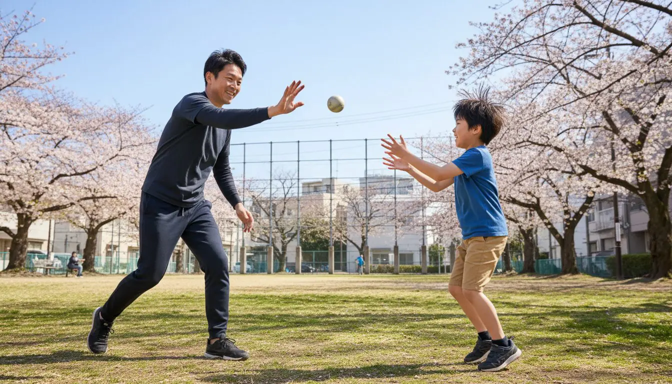 手打ち野球（Baseball5）を楽しむ親子(生成AIによるイメージ)