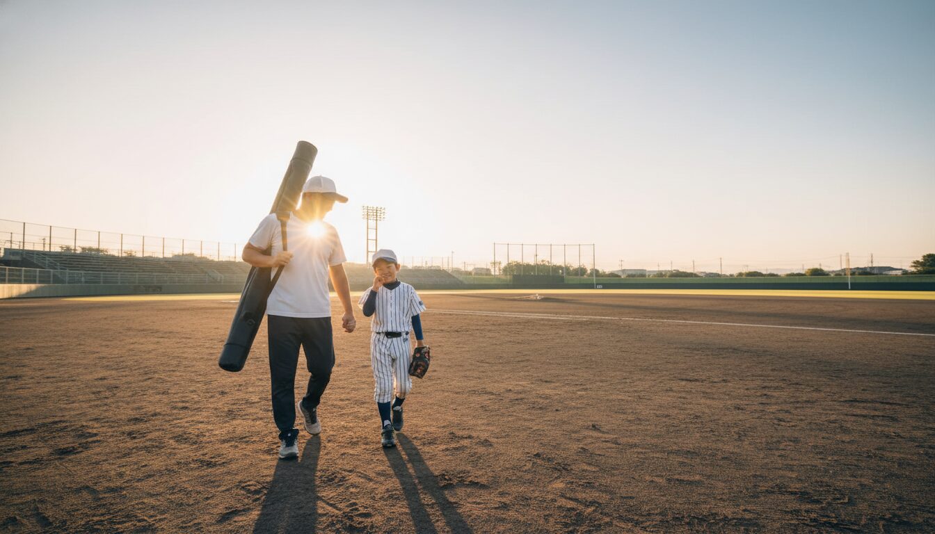 朝焼けの中、野球の道具を持ってグラウンドへ向かう日本の親子(生成AIによるイメージ)