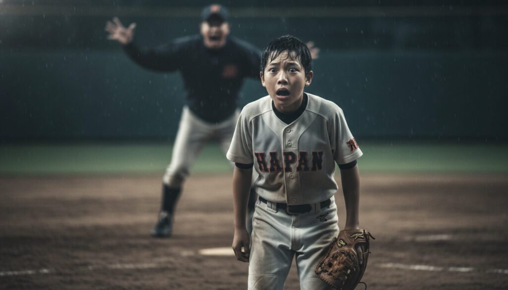 怒鳴られて思考停止しフリーズする野球少年(生成AIによるイメージ)