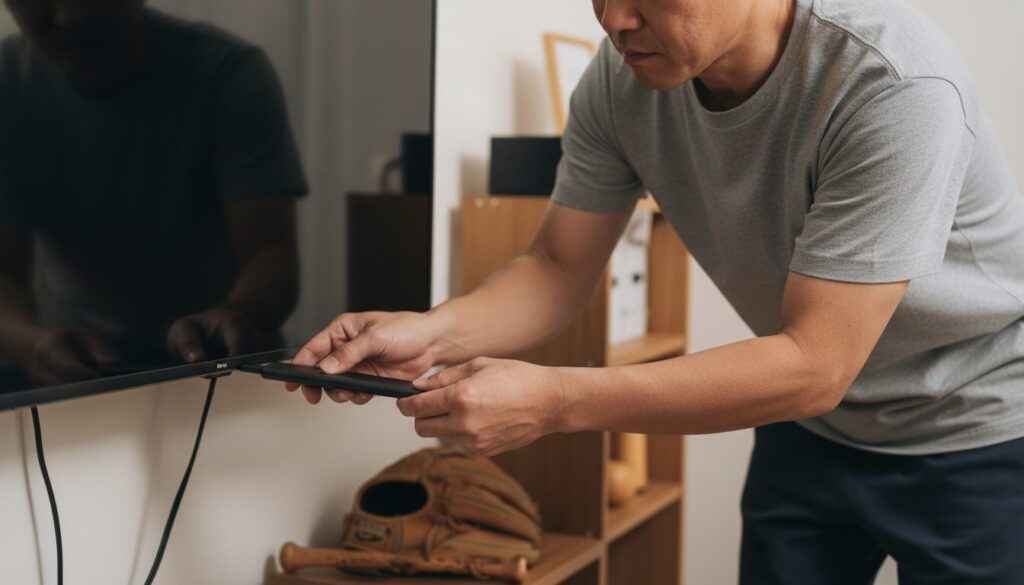 テレビのHDMI端子にストリーミングデバイスを接続して準備をする父親の手元(生成AIによるイメージ)