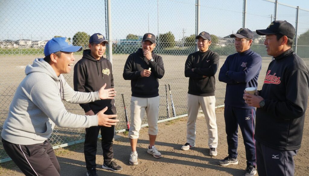 グラウンドの脇で談笑する少年野球のパパたち(生成AIによるイメージ)
