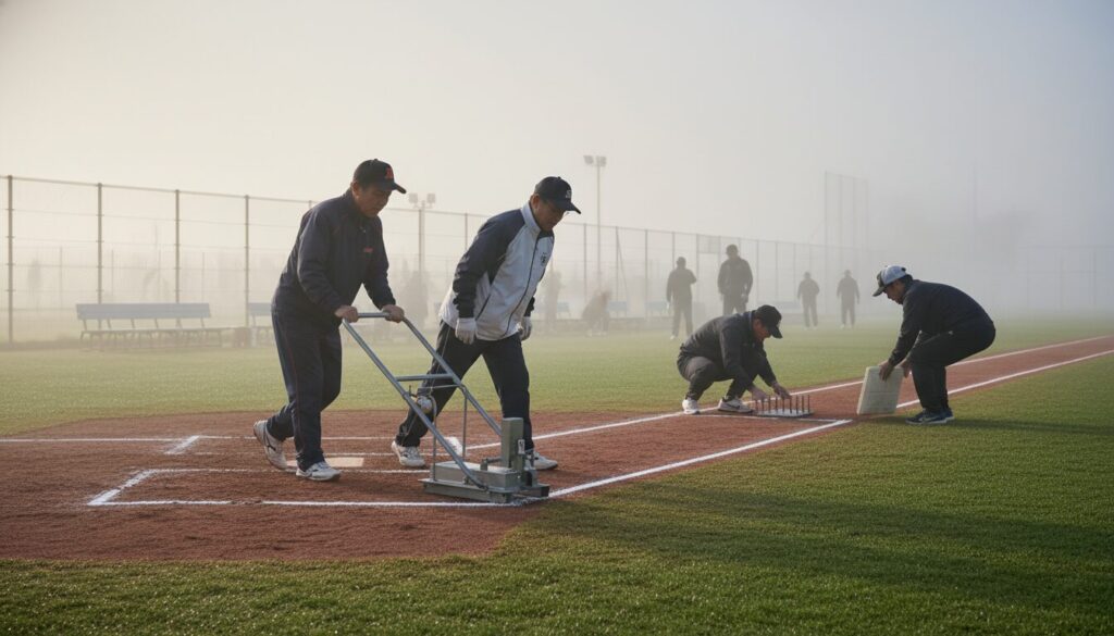 子供たちが来る前のグラウンドでライン引きをするお父さんたち(生成AIによるイメージ)