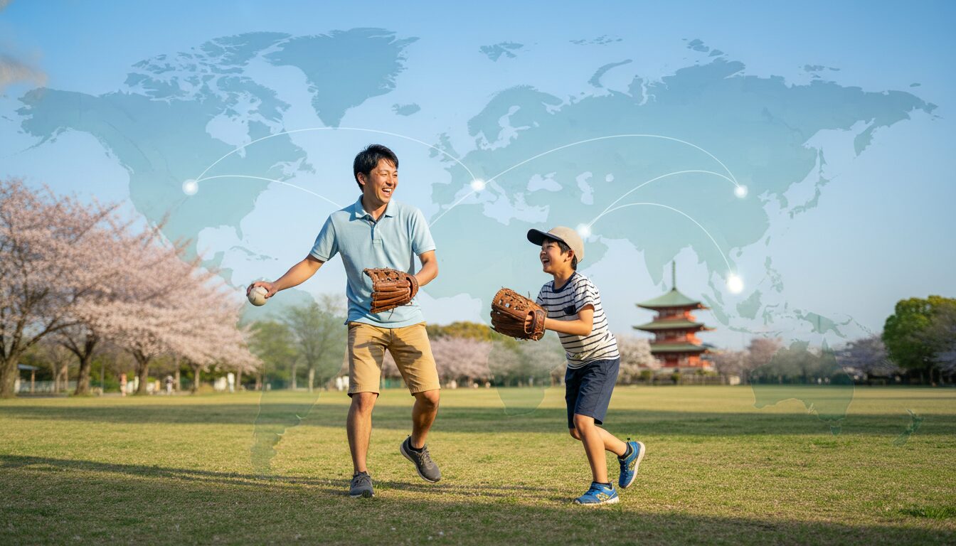 青空の下で笑顔でキャッチボールをする日本人の親子と、世界への広がりをイメージした背景(生成AIによるイメージ)