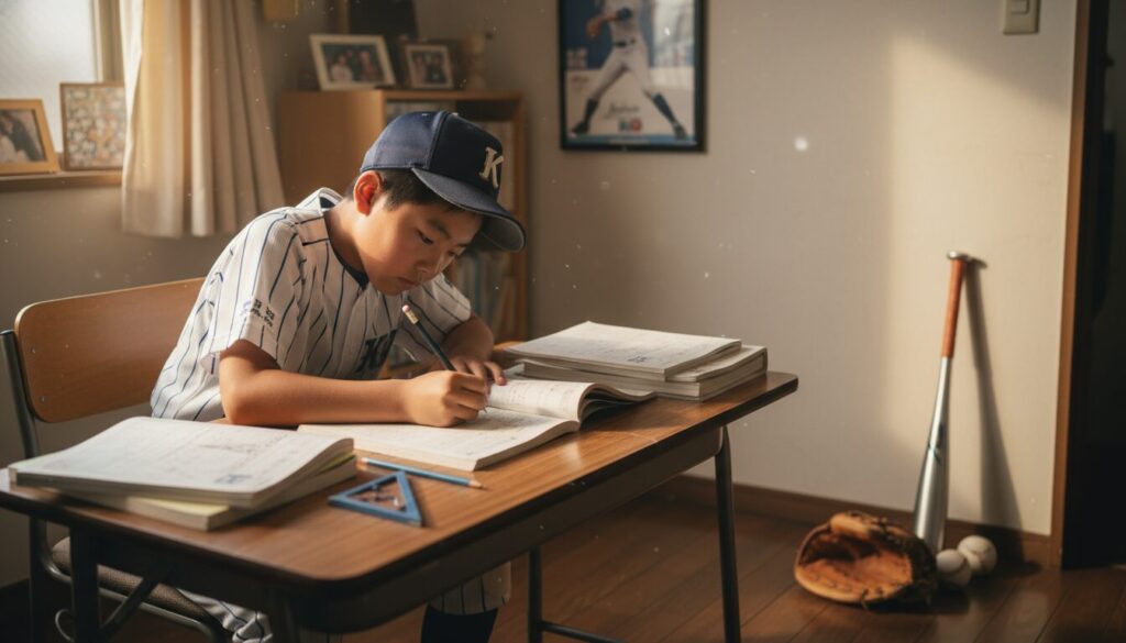 ユニフォーム姿で机に向かい勉強する少年(生成AIによるイメージ)