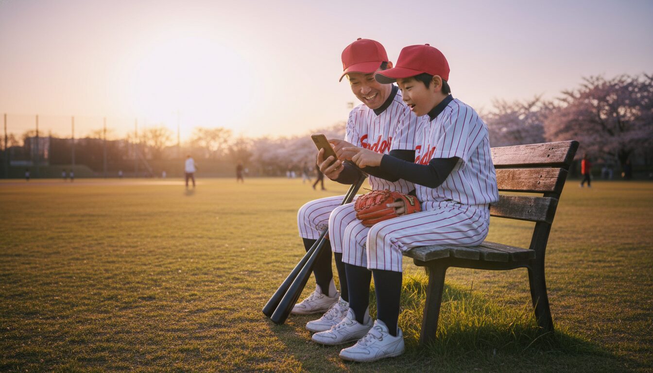 スマホでドジャースのニュースを見ながら語り合う野球少年と父親(生成AIによるイメージ)