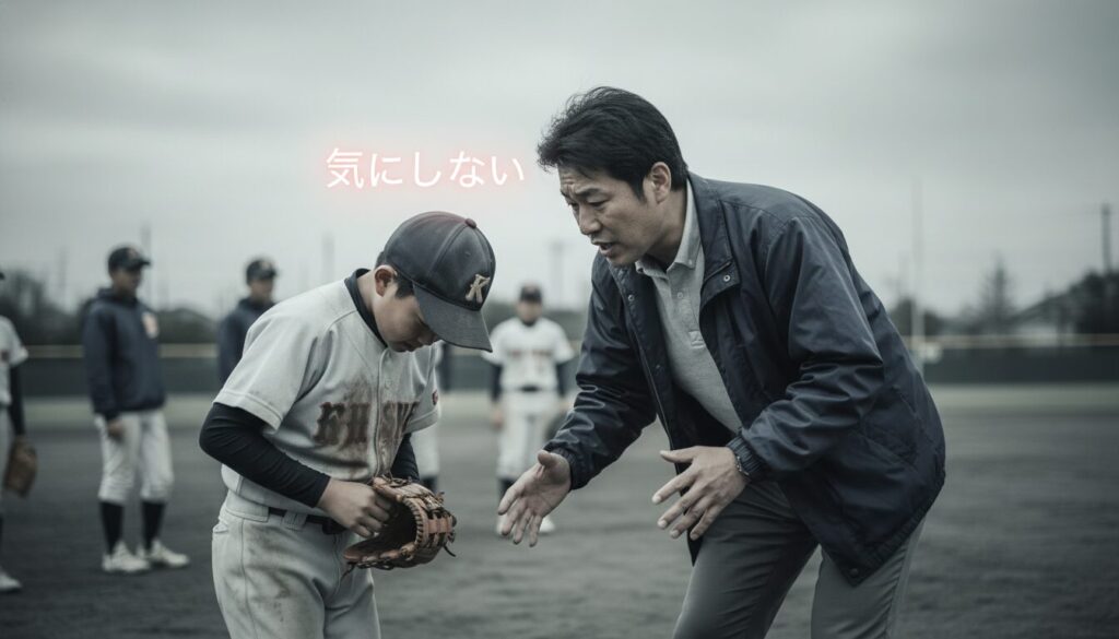 良かれと思った「ドンマイ」の声かけに萎縮する野球少年(生成AIによるイメージ)