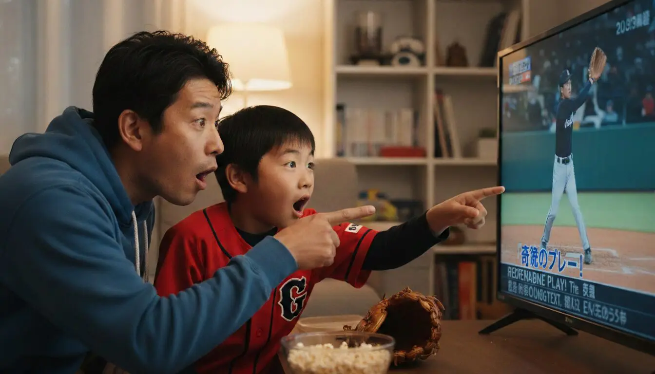 プロ野球のニュースを見てベースの大きさに驚く父親と息子(生成AIによるイメージ)