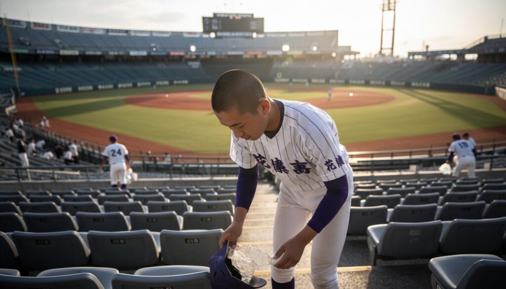 球場のゴミ拾いをする高校球児(生成AIによるイメージ)